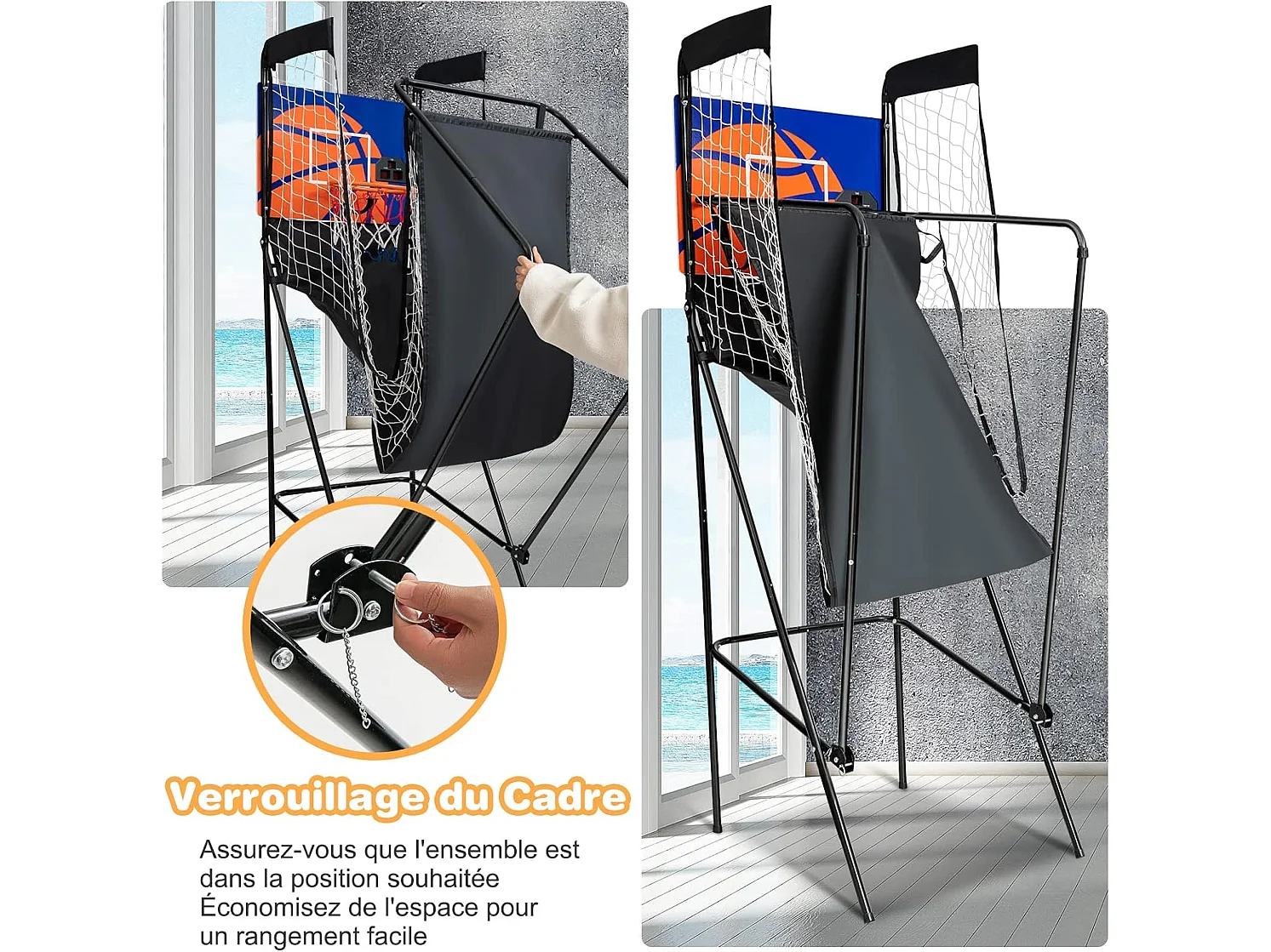 Jeu de Basketball Arcade, Jeu de Basketball Pliable avec Compteur Électronique et Buzzer, 3 Ballons de Basket, 1 Pompe