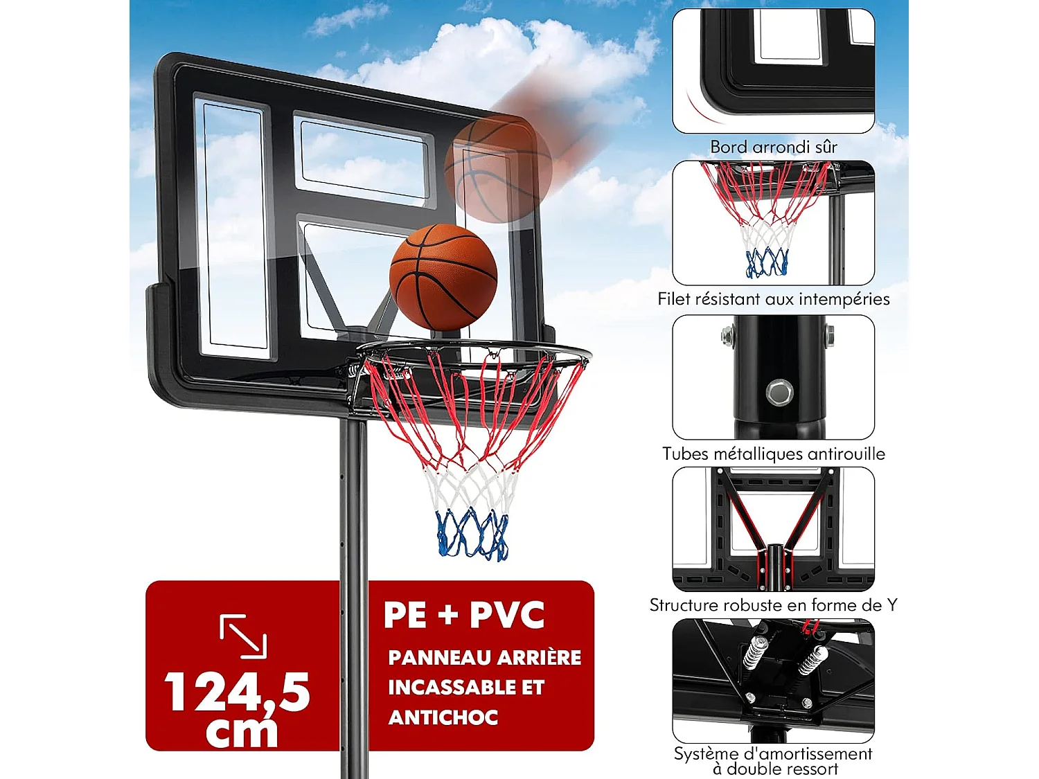 Panier de Basket-Ball sur Pied avec Hauteur Réglable 130-305cm/Ensemble de Basketball Portable avec 2 Filet-Panneau Arrière/Jeu de Sport Exterieur Interieur pour Enfants/Adultes, Noir