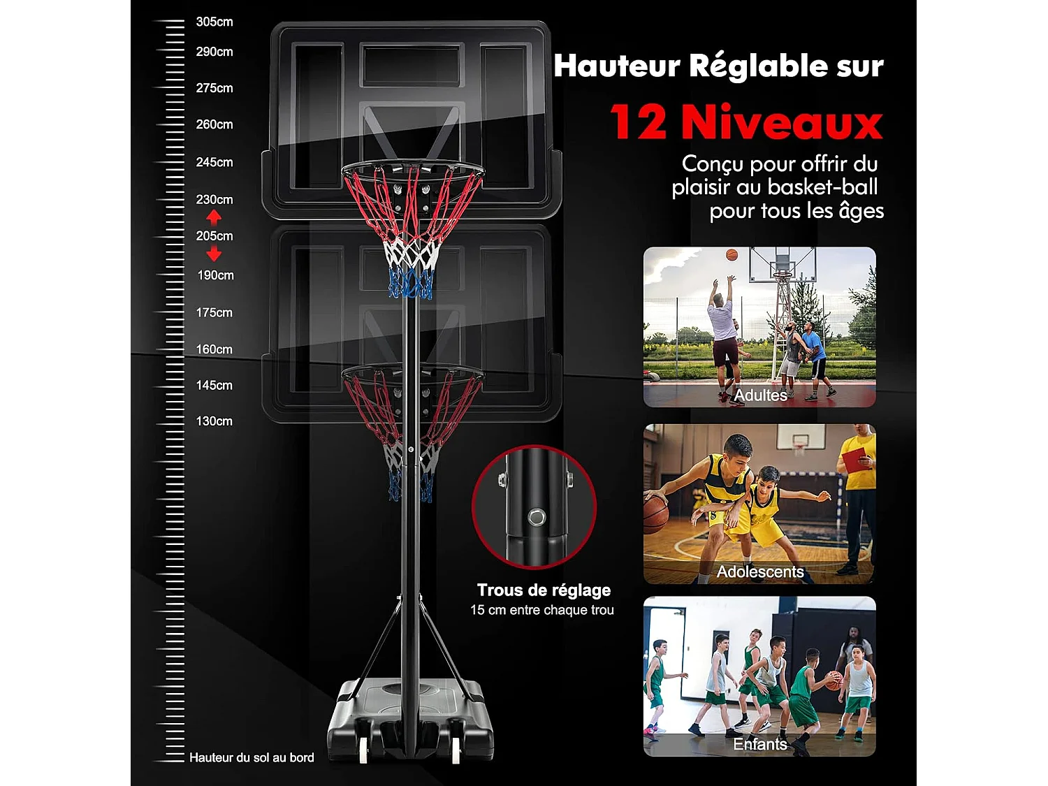 Panier de Basket-Ball sur Pied avec Hauteur Réglable 130-305cm/Ensemble de Basketball Portable avec 2 Filet-Panneau Arrière/Jeu de Sport Exterieur Interieur pour Enfants/Adultes, Noir