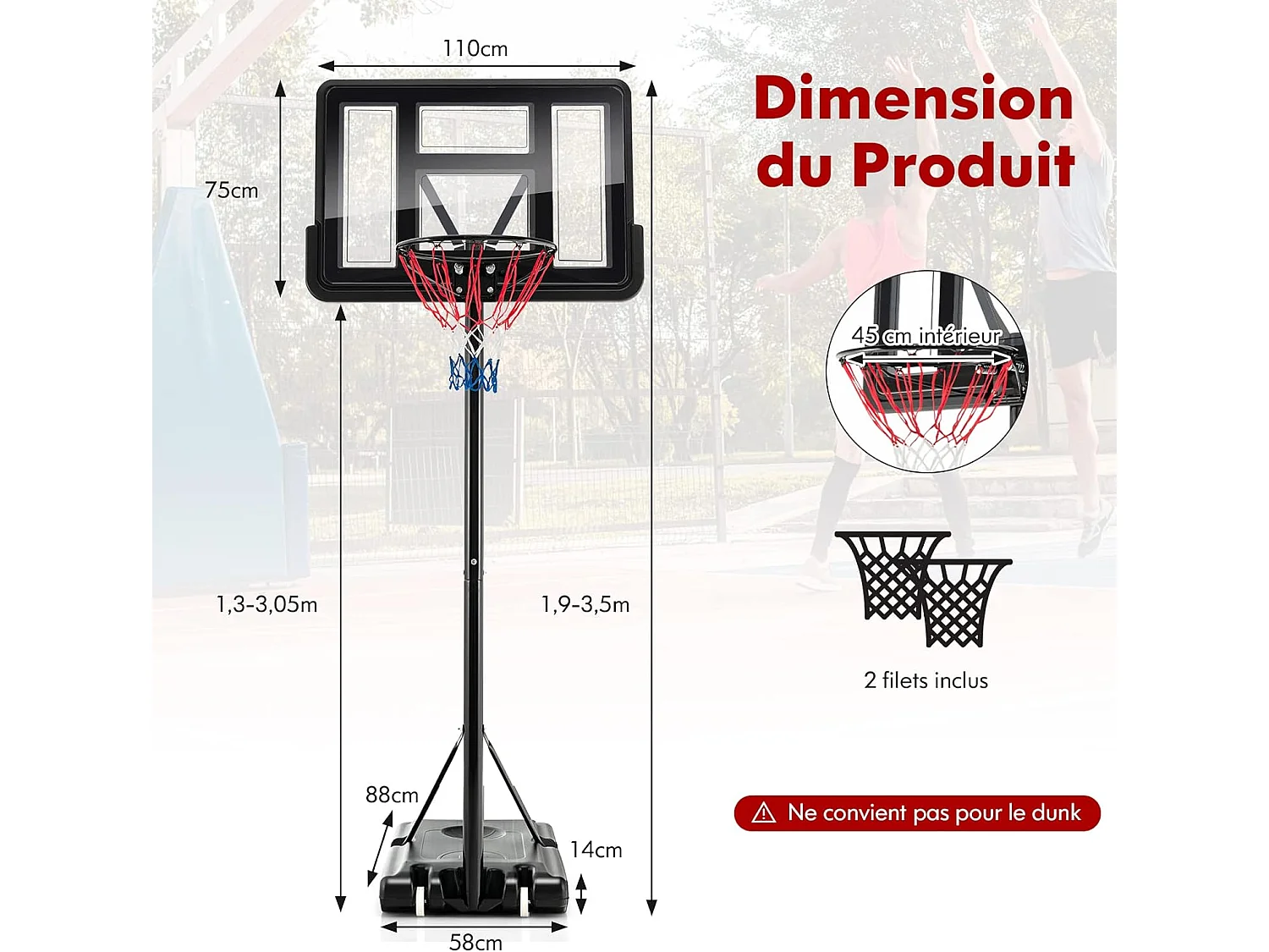 Panier de Basket-Ball sur Pied avec Hauteur Réglable 130-305cm/Ensemble de Basketball Portable avec 2 Filet-Panneau Arrière/Jeu de Sport Exterieur Interieur pour Enfants/Adultes, Noir