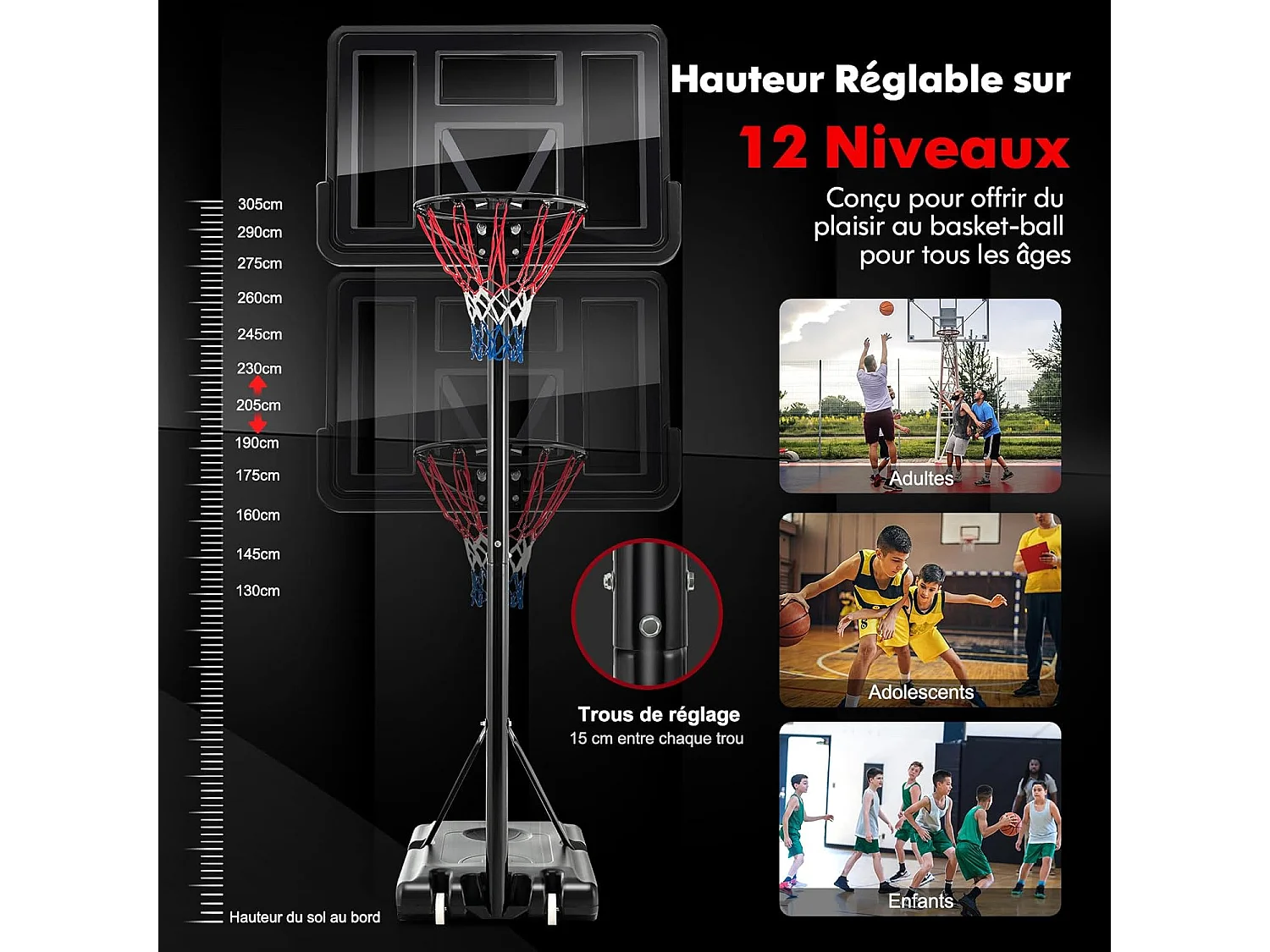Panier de Basket-Ball sur Pied avec Hauteur Réglable 130-305cm/Ensemble de Basketball Portable avec 2 Filet-Panneau Arrière/Jeu de Sport Exterieur Interieur pour Enfants/Adultes, Noir