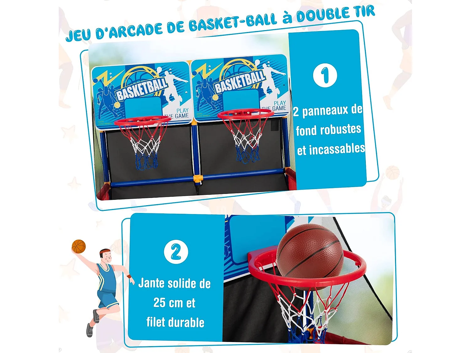 Panier de Basketball/Jeu d’Arcade de Basket-ball avec Double Shootout et Panier de Basket 4 Ballons et 1 Pompe de Gonflage Rampe de Retour