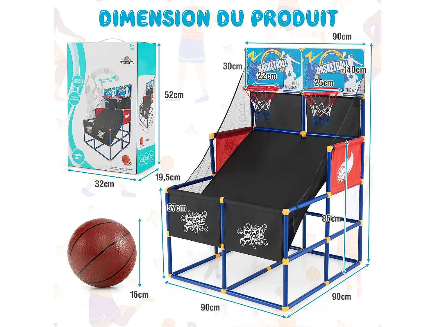 Panier de Basketball/Jeu d’Arcade de Basket-ball avec Double Shootout et Panier de Basket 4 Ballons et 1 Pompe de Gonflage Rampe de Retour