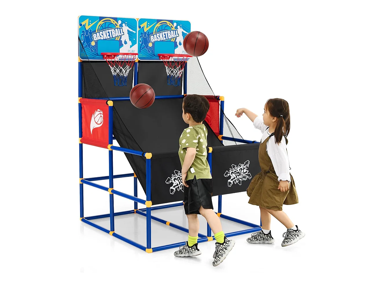 Panier de Basketball/Jeu d’Arcade de Basket-ball avec Double Shootout et Panier de Basket 4 Ballons et 1 Pompe de Gonflage Rampe de Retour