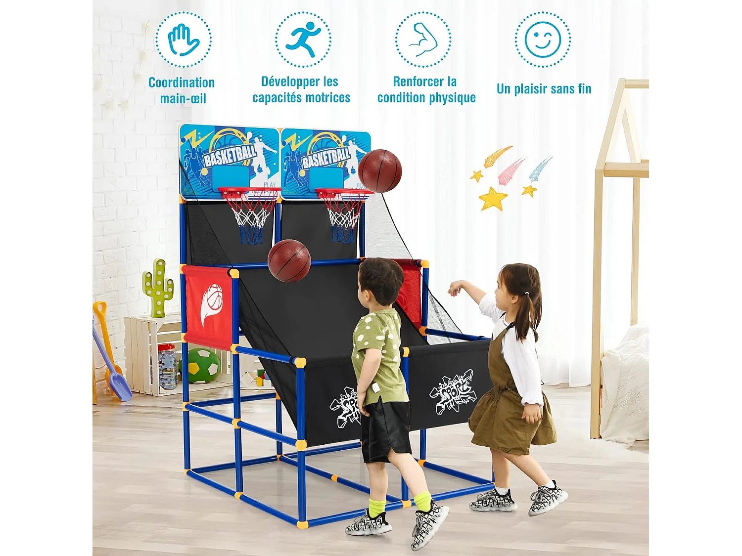 Panier de Basketball/Jeu d’Arcade de Basket-ball avec Double Shootout et Panier de Basket 4 Ballons et 1 Pompe de Gonflage Rampe de Retour
