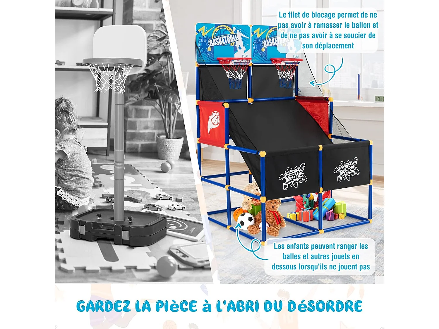 Panier de Basketball/Jeu d’Arcade de Basket-ball avec Double Shootout et Panier de Basket 4 Ballons et 1 Pompe de Gonflage Rampe de Retour