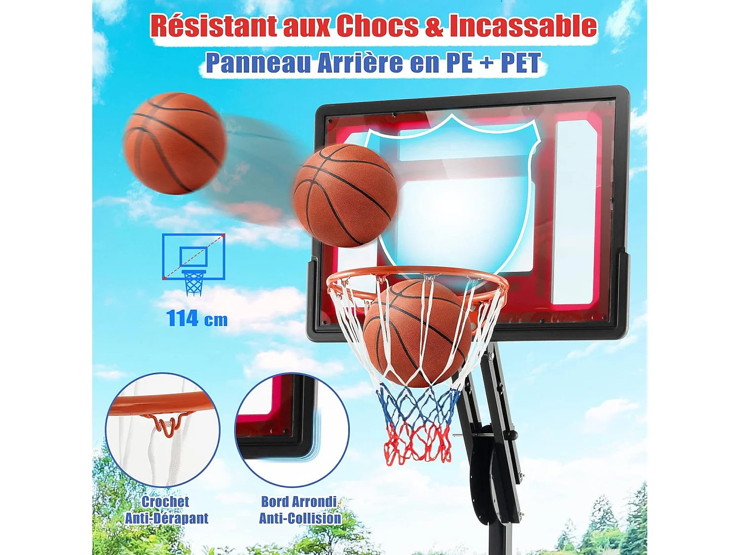 Panier de Basketball sur Pieds Hauteur Réglable de 1,55 à 3,1 m, Support de Basketball Portable avec Panneau Arrière en Pet, Base Stable, Intérieur Extérieur
