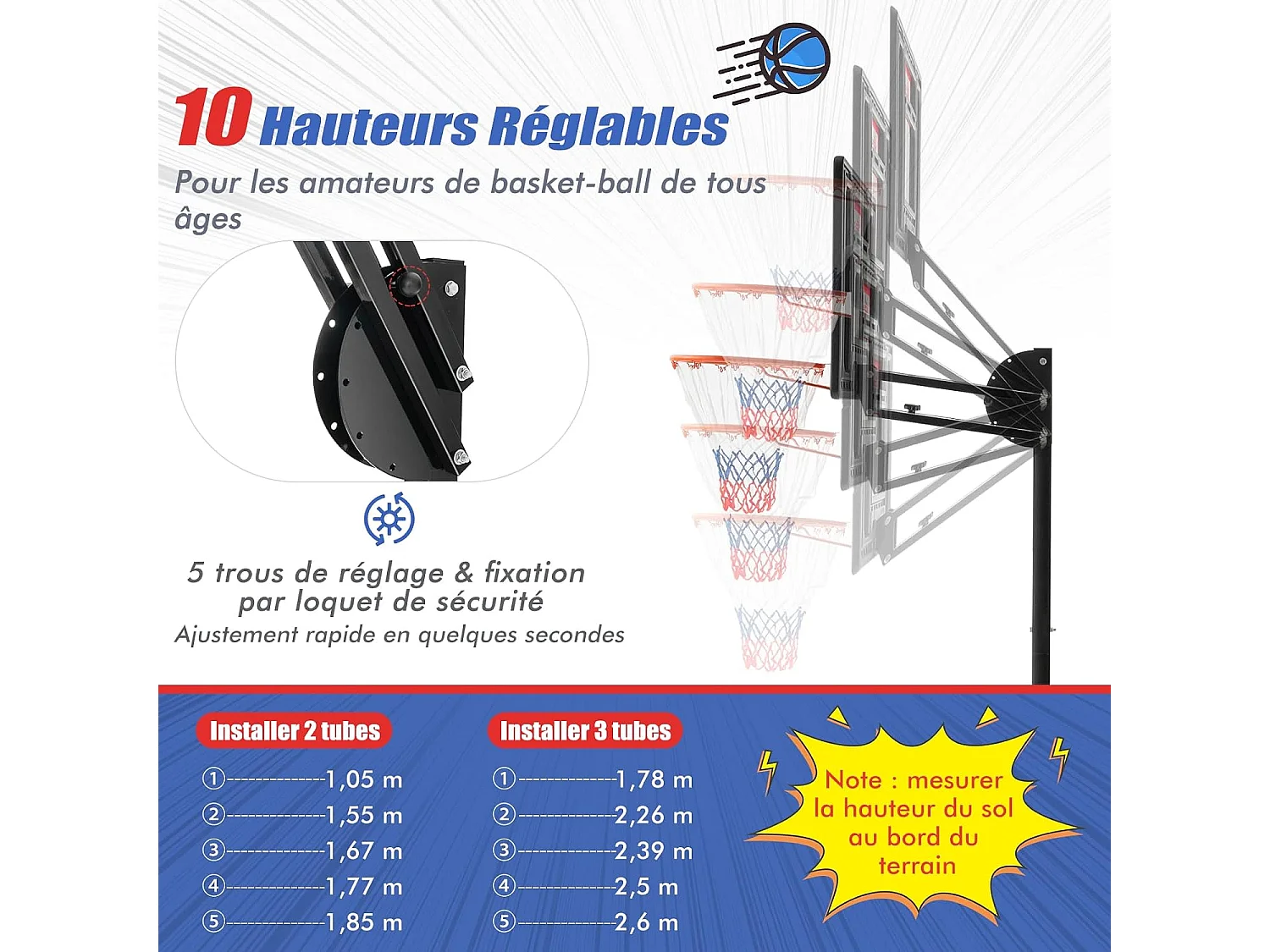 Panier de Basketball sur Pieds Hauteur Réglable de 1,55 à 3,1 m, Support de Basketball Portable avec Panneau Arrière en Pet, Base Stable, Intérieur Extérieur