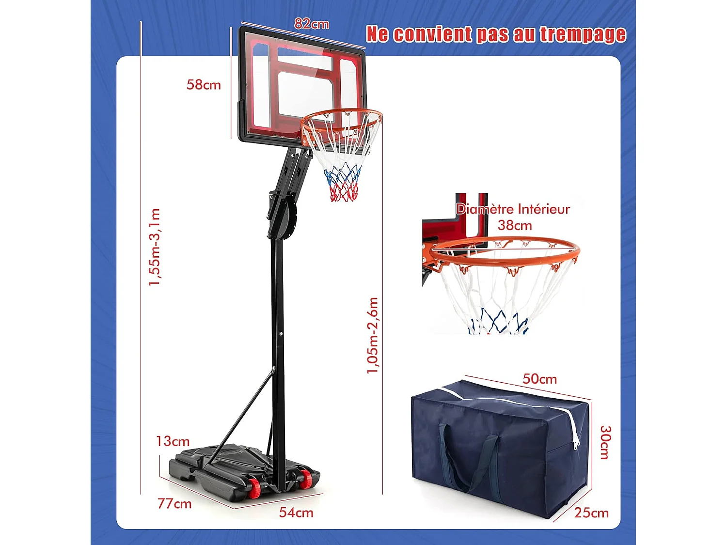 Panier de Basketball sur Pieds Hauteur Réglable de 1,55 à 3,1 m, Support de Basketball Portable avec Panneau Arrière en Pet, Base Stable, Intérieur Extérieur