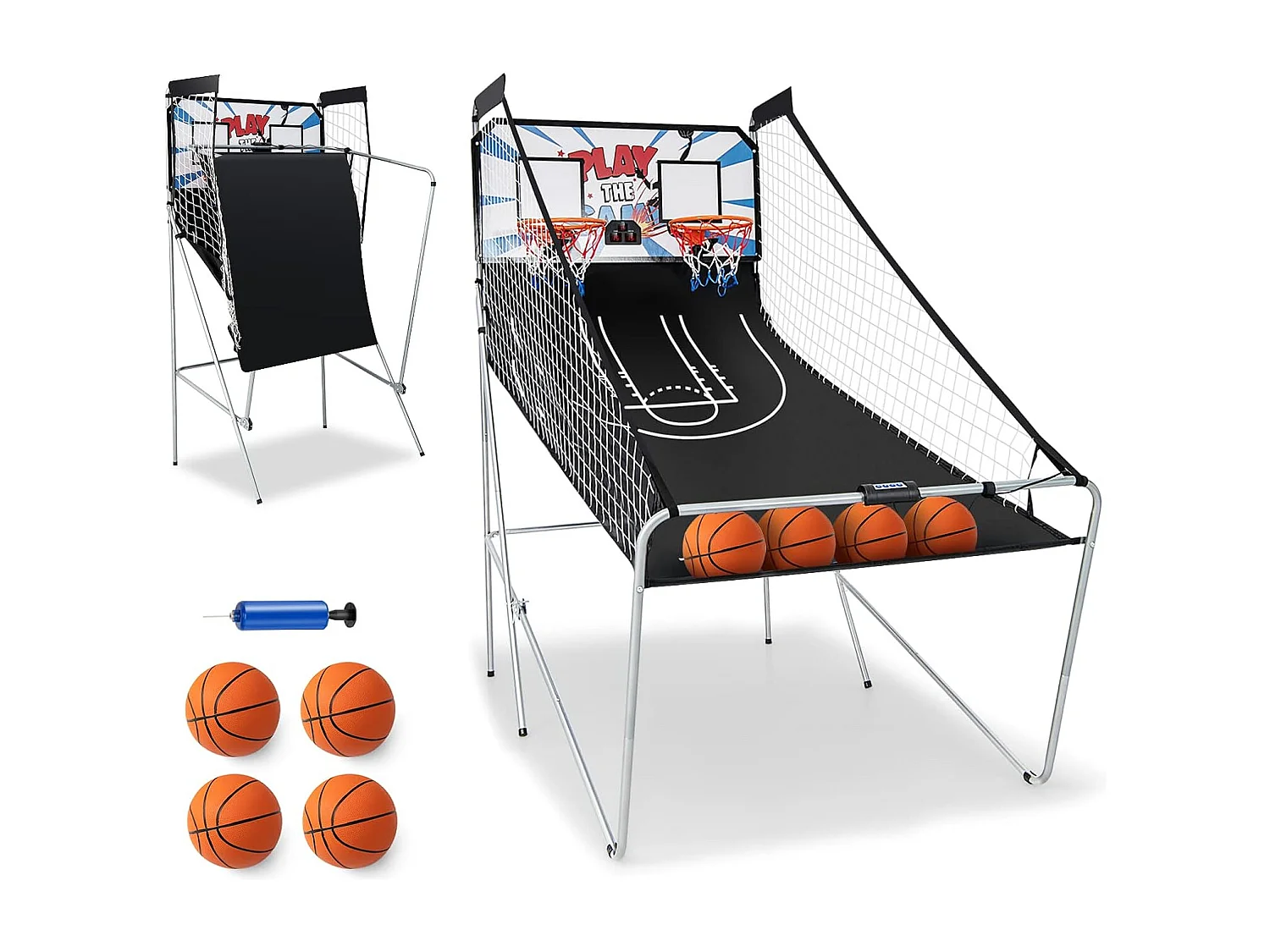 Panier de Basketball Pliable à 2 Panier 4 Balles Pompe de Gonflage, Jeu de Basketball Arcade avec Système de Pointage, 8 Modes de Jeux pour Enfants Adultes (Blanc)