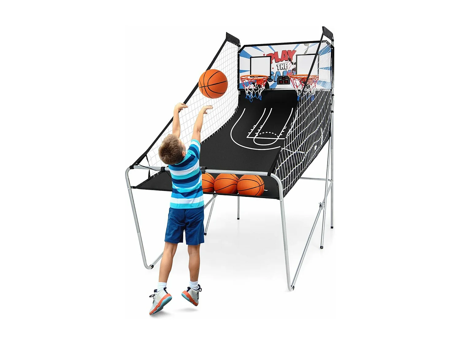 Panier de Basketball Pliable à 2 Panier 4 Balles Pompe de Gonflage, Jeu de Basketball Arcade avec Système de Pointage, 8 Modes de Jeux pour Enfants Adultes (Blanc)