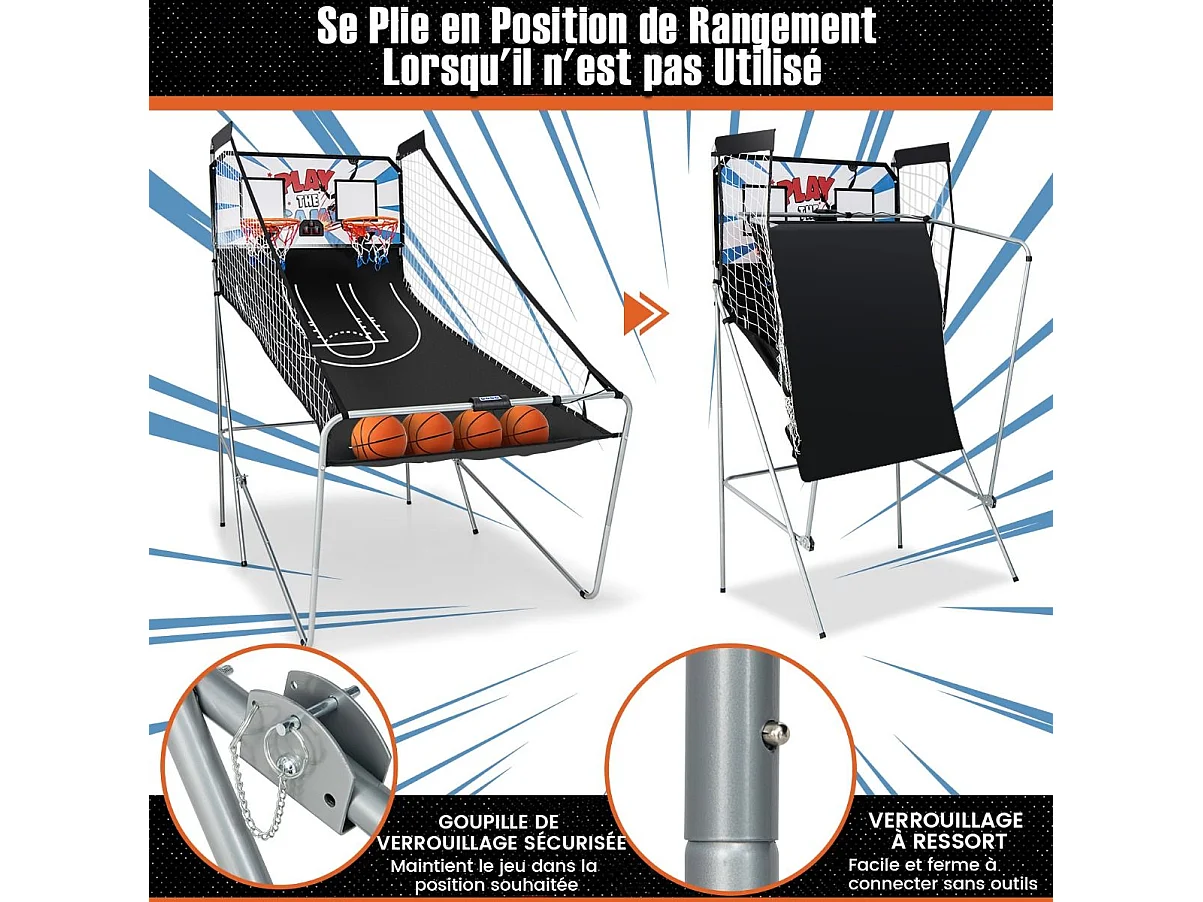 Panier de Basketball Pliable à 2 Panier 4 Balles Pompe de Gonflage, Jeu de Basketball Arcade avec Système de Pointage, 8 Modes de Jeux pour Enfants Adultes (Blanc)