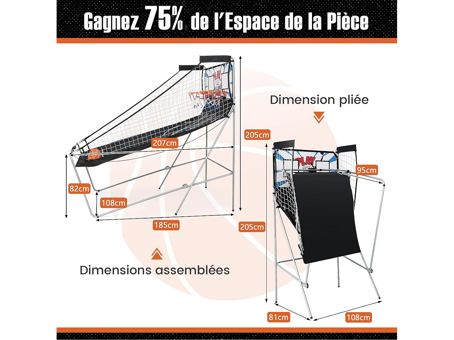 Panier de Basketball Pliable à 2 Panier 4 Balles Pompe de Gonflage, Jeu de Basketball Arcade avec Système de Pointage, 8 Modes de Jeux pour Enfants Adultes (Blanc)
