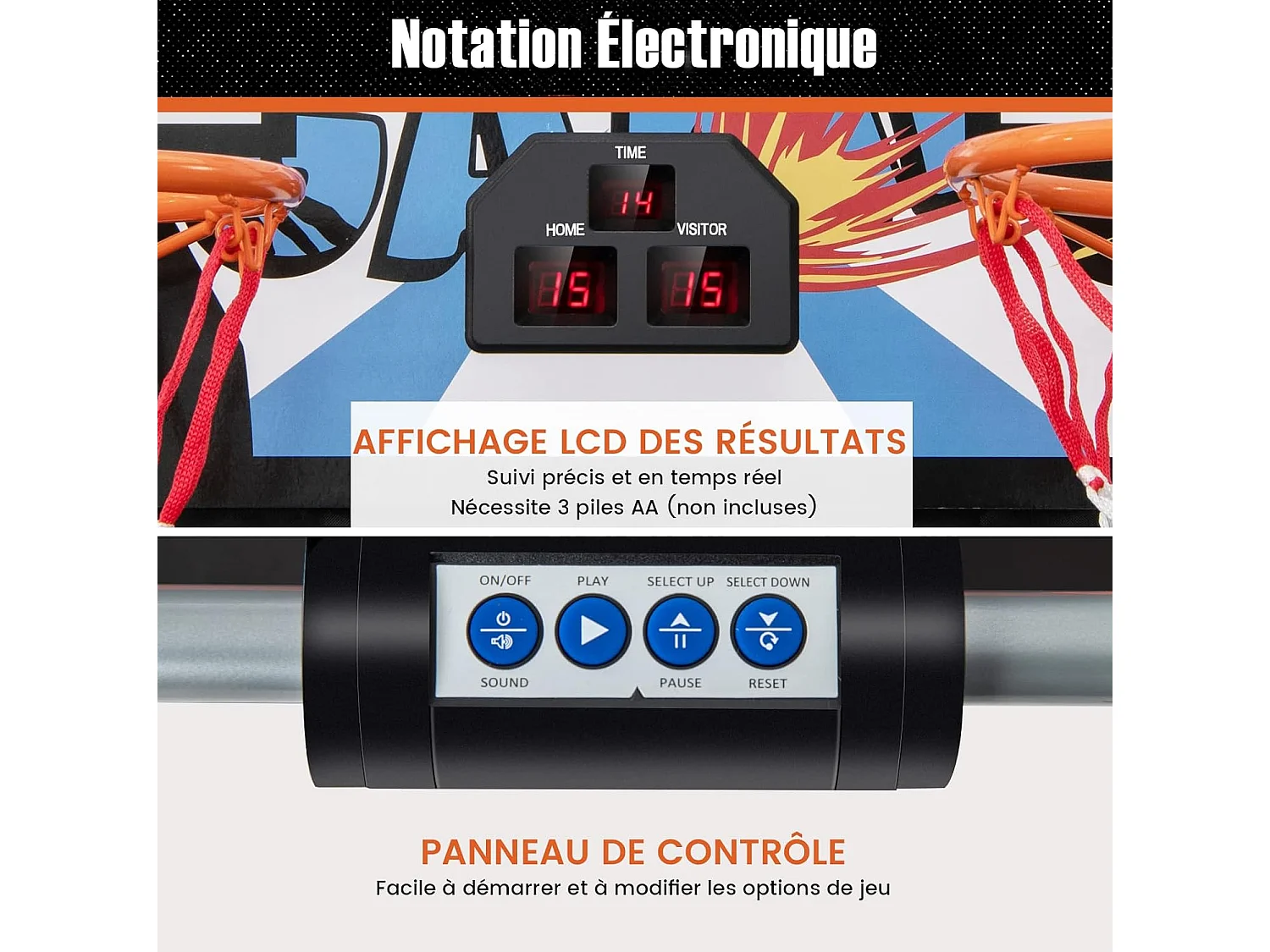 Panier de Basketball Pliable à 2 Panier 4 Balles Pompe de Gonflage, Jeu de Basketball Arcade avec Système de Pointage, 8 Modes de Jeux pour Enfants Adultes (Blanc)