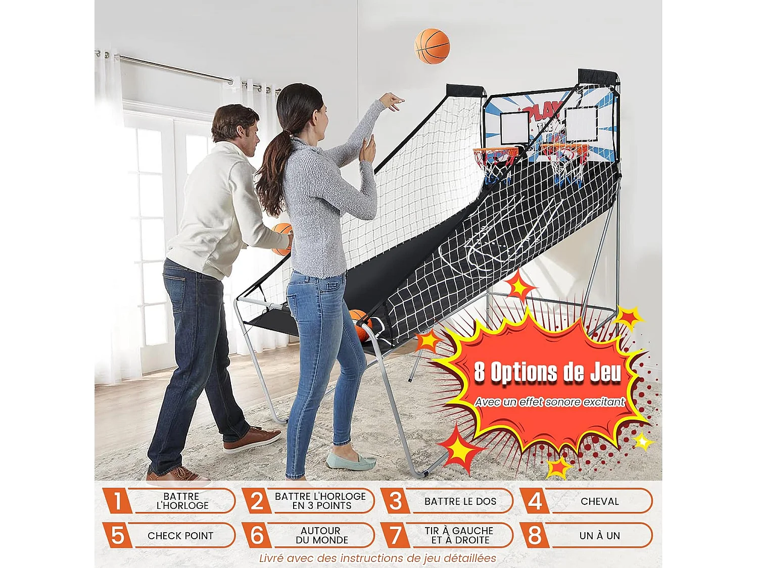 Panier de Basketball Pliable à 2 Panier 4 Balles Pompe de Gonflage, Jeu de Basketball Arcade avec Système de Pointage, 8 Modes de Jeux pour Enfants Adultes (Blanc)