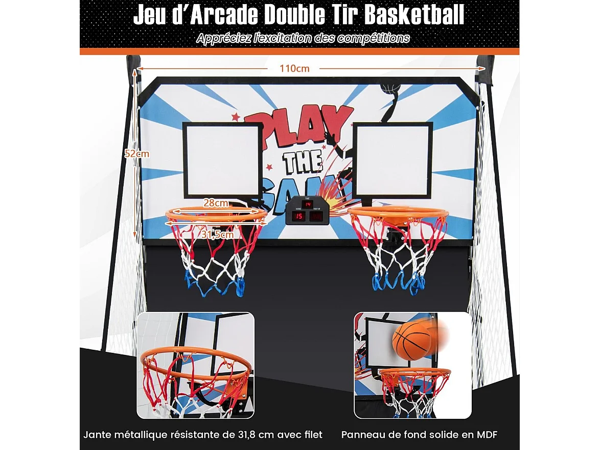 Panier de Basketball Pliable à 2 Panier 4 Balles Pompe de Gonflage, Jeu de Basketball Arcade avec Système de Pointage, 8 Modes de Jeux pour Enfants Adultes (Blanc)