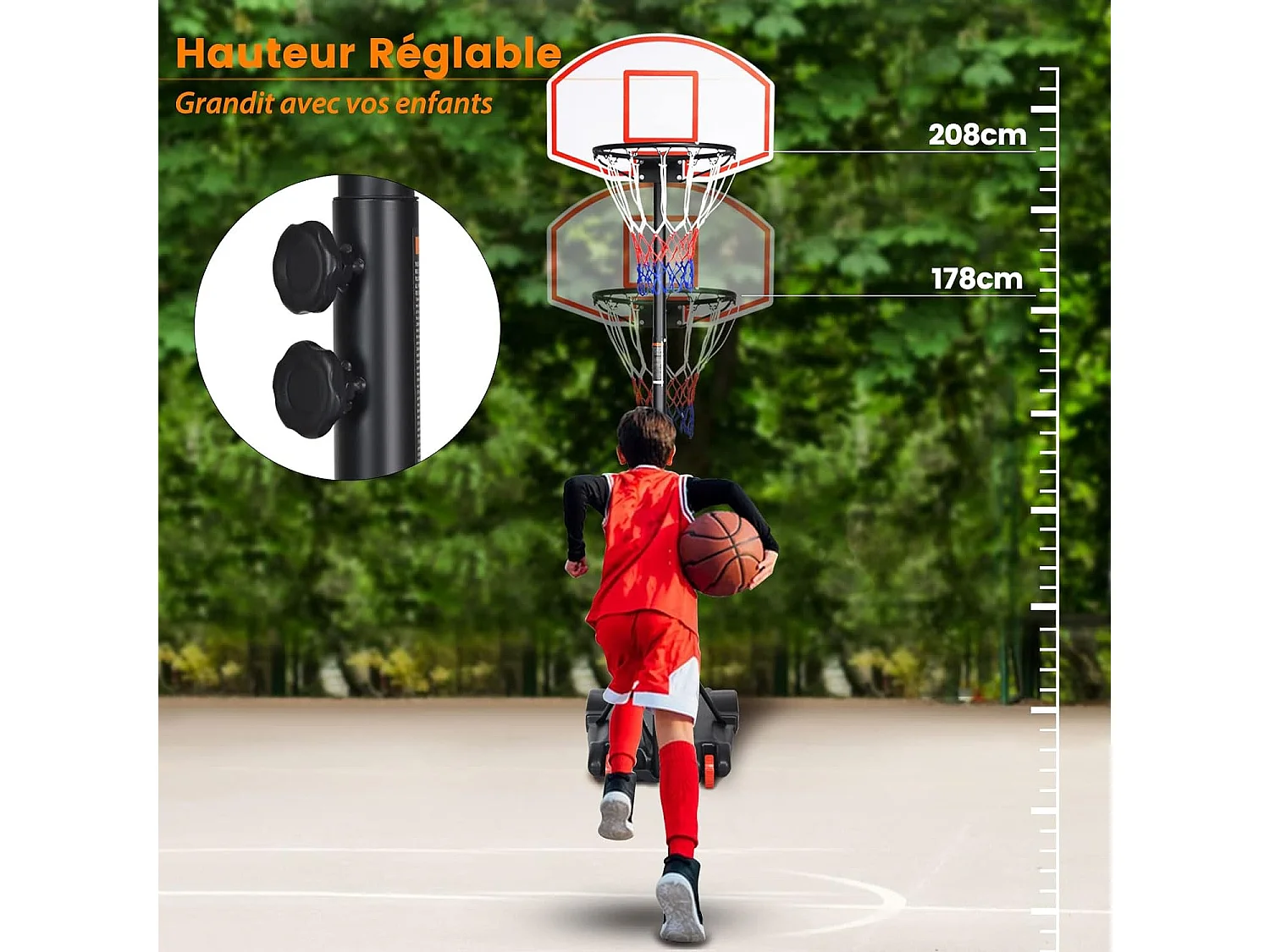 Panier de Basket sur Pied-Hauteur Réglable 178-208cm-Base de Lestage sur Roulettes en Acier PE