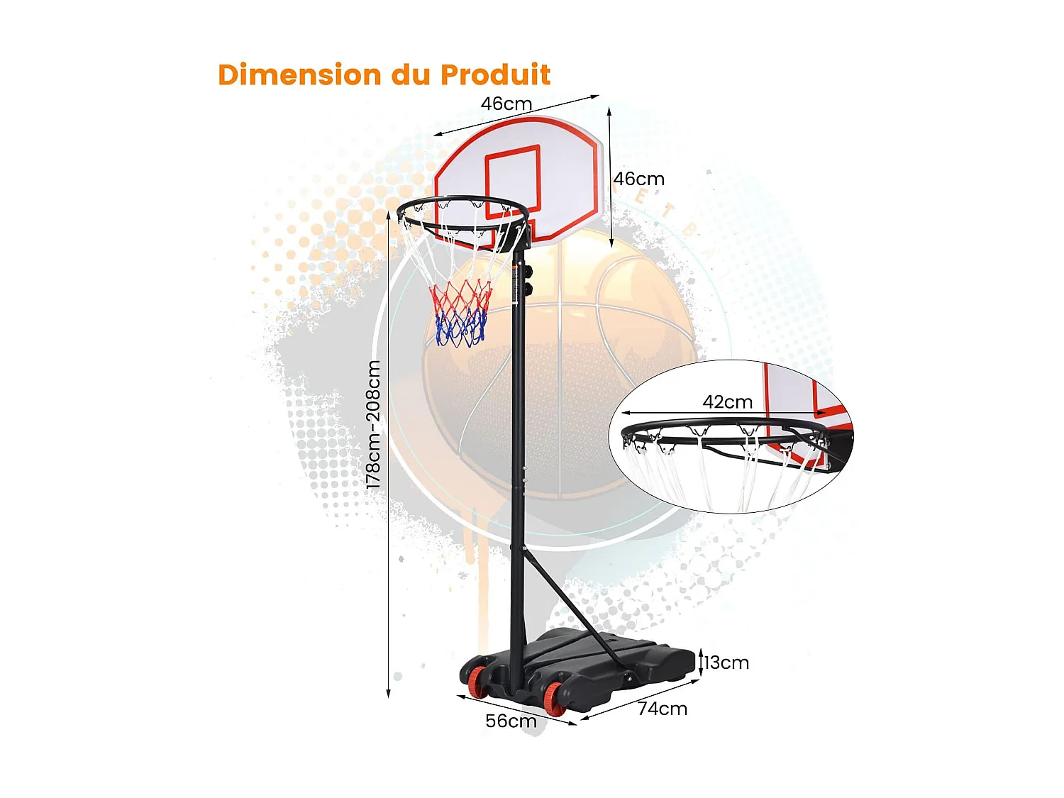 Panier de Basket sur Pied-Hauteur Réglable 178-208cm-Base de Lestage sur Roulettes en Acier PE
