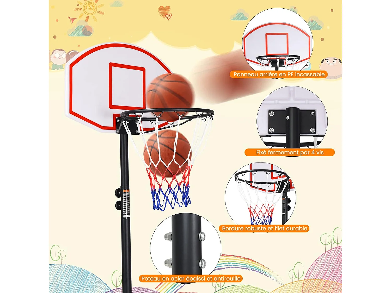 Panier de Basket sur Pied-Hauteur Réglable 178-208cm-Base de Lestage sur Roulettes en Acier PE