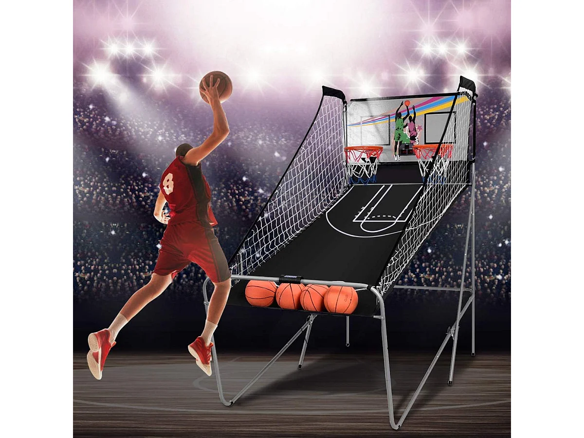Panier de Basketball Pliable Jeu de Basketball Arcade Double Panier et 4 Ballons Score Electronique 202x107x205cm