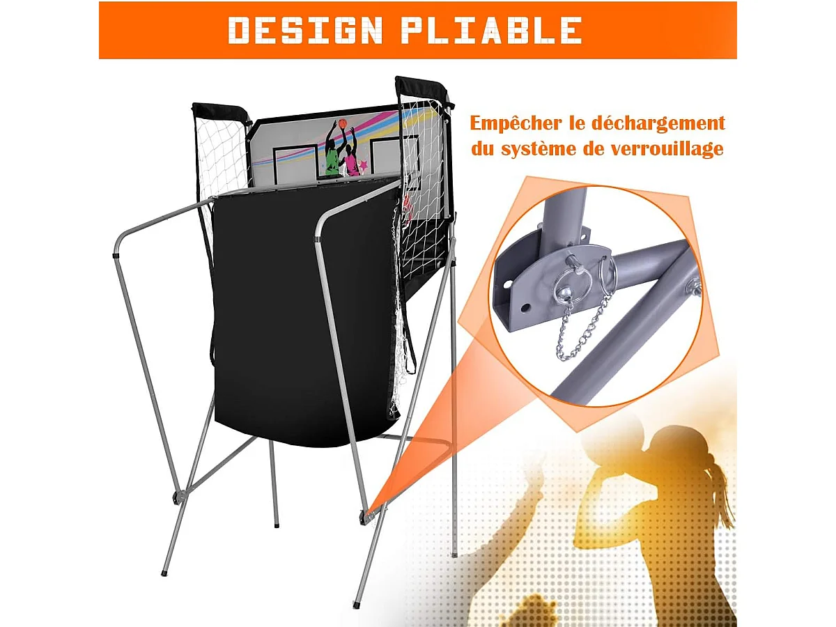 Panier de Basketball Pliable Jeu de Basketball Arcade Double Panier et 4 Ballons Score Electronique 202x107x205cm