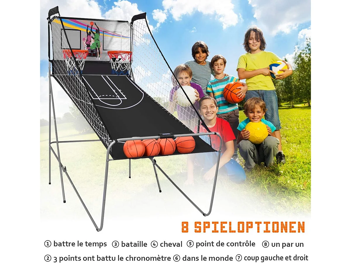 Panier de Basketball Pliable Jeu de Basketball Arcade Double Panier et 4 Ballons Score Electronique 202x107x205cm