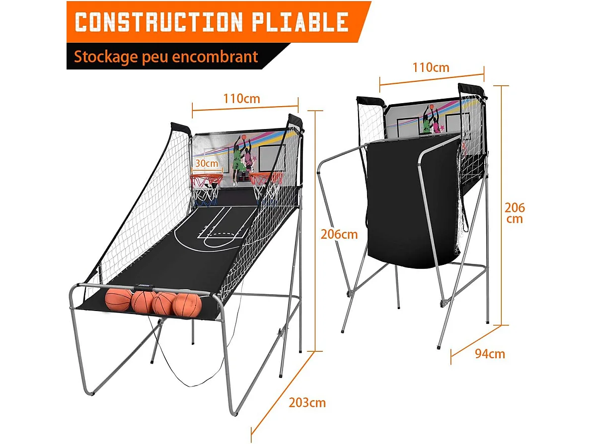 Panier de Basketball Pliable Jeu de Basketball Arcade Double Panier et 4 Ballons Score Electronique 202x107x205cm