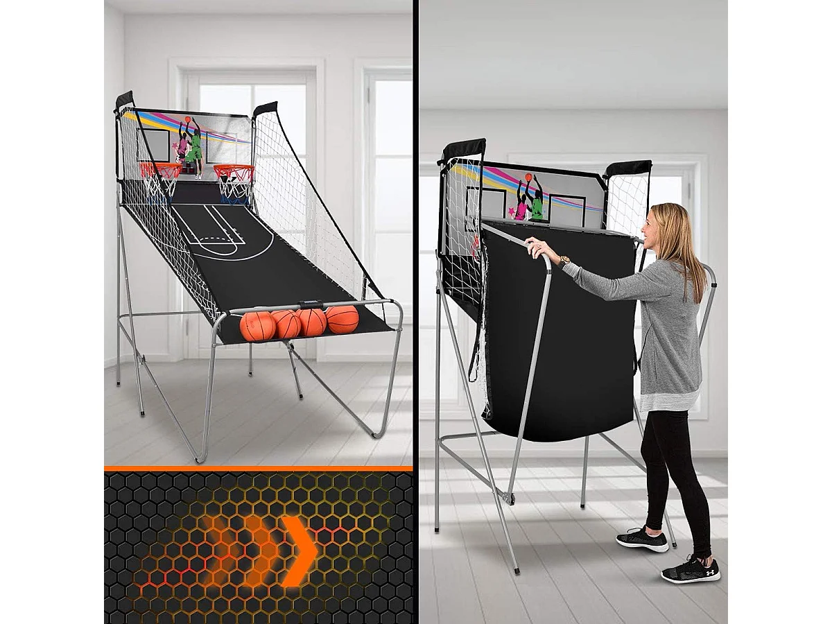 Panier de Basketball Pliable Jeu de Basketball Arcade Double Panier et 4 Ballons Score Electronique 202x107x205cm