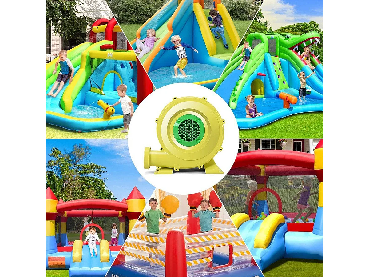 850W elektrische opblaasboot voor opblaaskasteel en glijbaan, elektrische blazer bestand tegen hoge temperaturen, 8 grondpennen, elektrische luchtpomp, geel