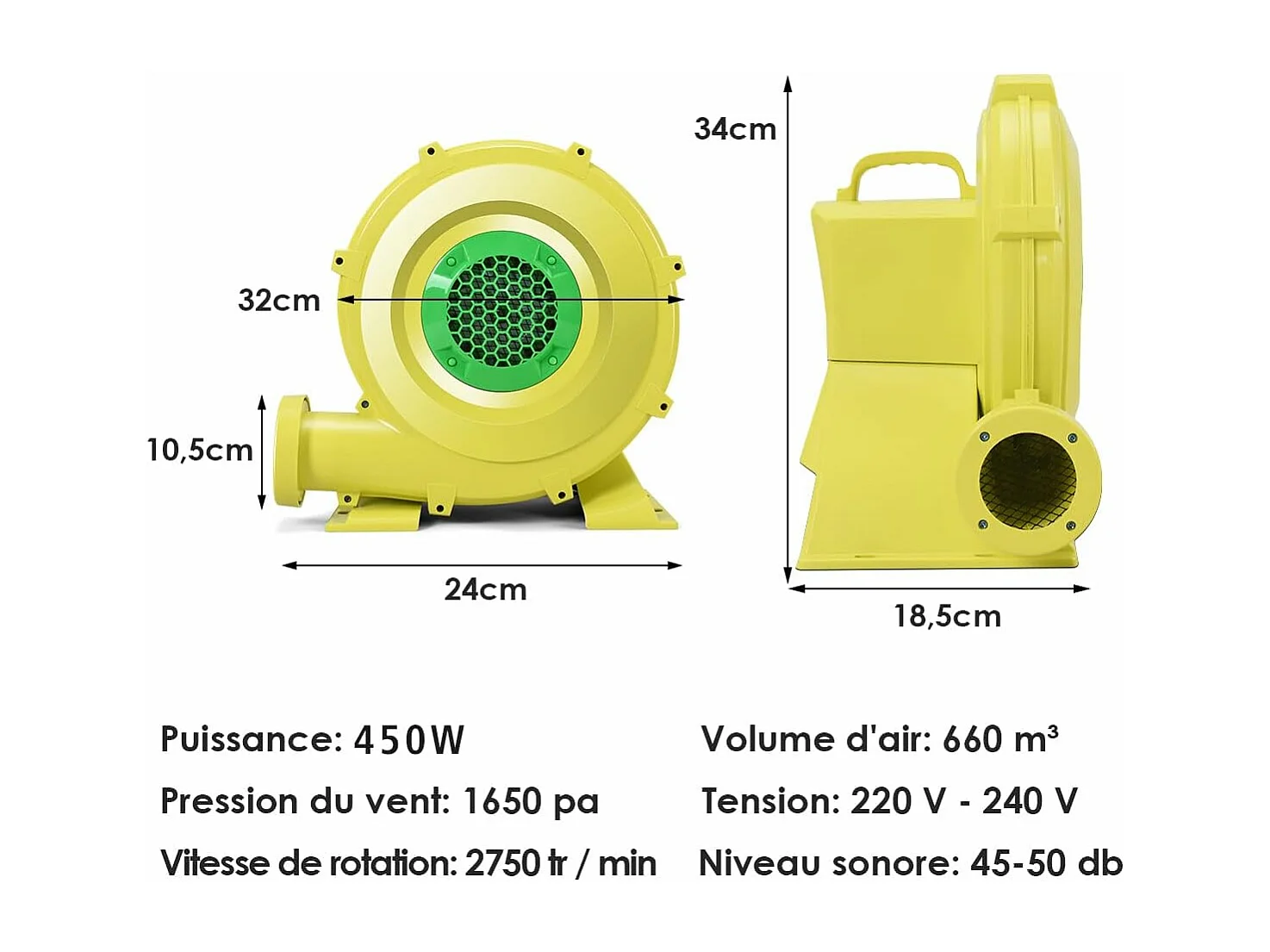 Gonfleur Électrique pour Château Gonflable avec Moteur en Cuivre 450W, Souffleur Électrique Résistant à Haute Température, Pompe Air Electrique de Ventilateur d’Air, Jaune