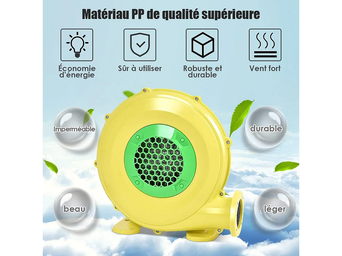 Gonfleur Électrique pour Château Gonflable avec Moteur en Cuivre 450W, Souffleur Électrique Résistant à Haute Température, Pompe Air Electrique de Ventilateur d’Air, Jaune