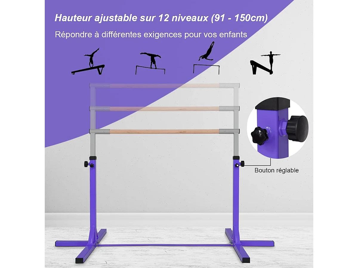 Barre de Gymnastique en Acier Hauteur Réglable de 91 à 150CM Charge 100KG pour Ecole, Maison, Jardin Diamètre 4CM Violet