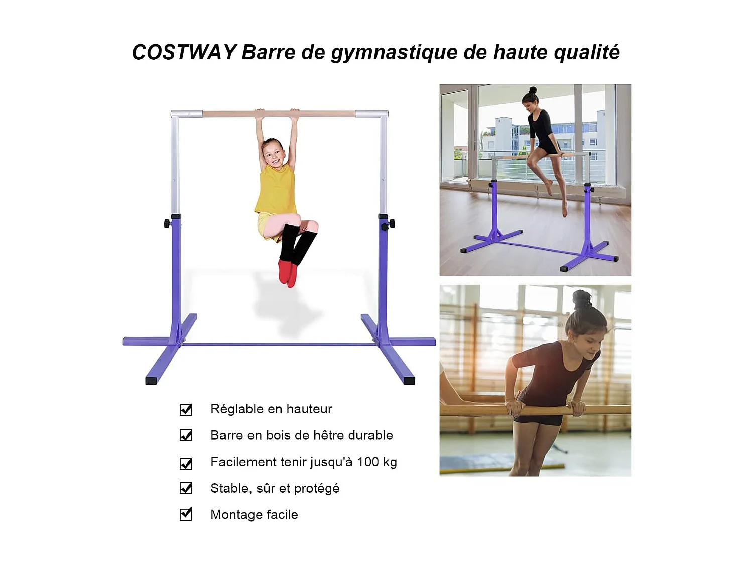 Stalen gymnastiekstang in hoogte verstelbaar van 91 tot 150 cm belasting 100 kg voor school, huis, tuin diameter 4 cm paars