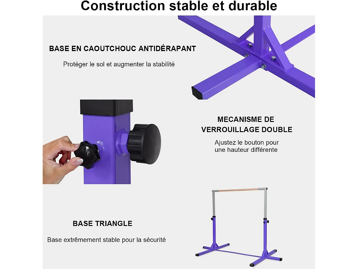 Stalen gymnastiekstang in hoogte verstelbaar van 91 tot 150 cm belasting 100 kg voor school, huis, tuin diameter 4 cm paars