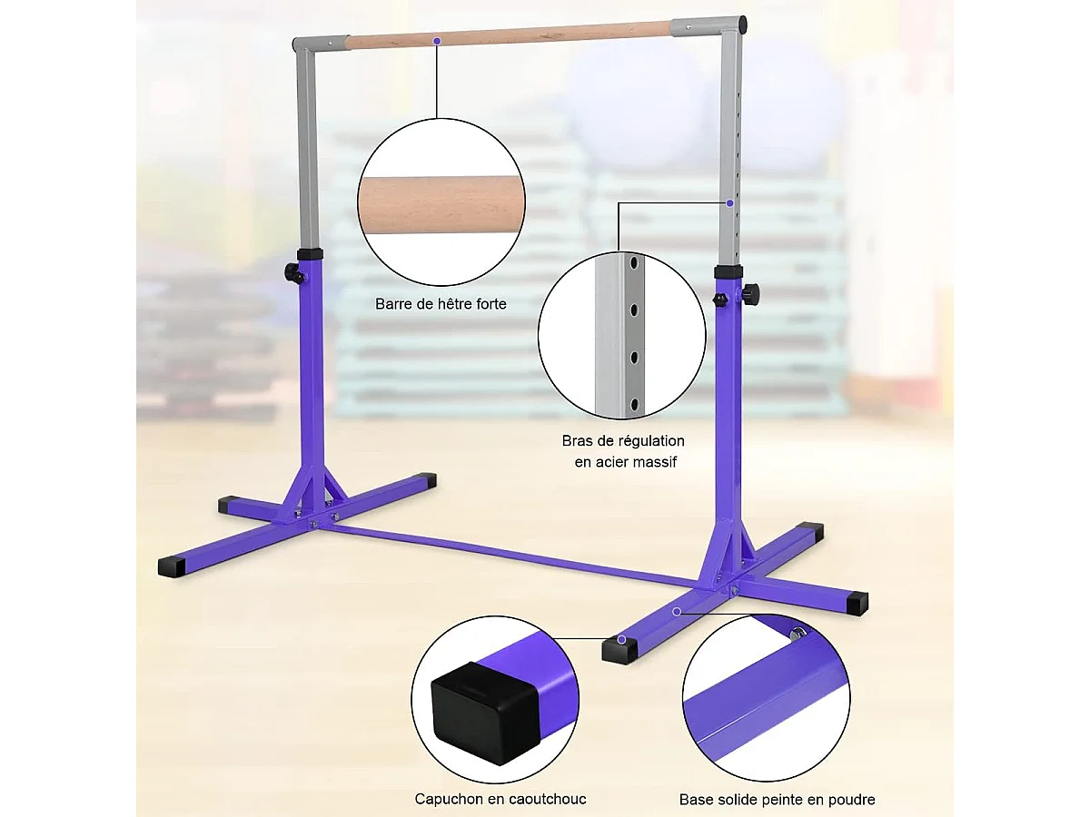 Stalen gymnastiekstang in hoogte verstelbaar van 91 tot 150 cm belasting 100 kg voor school, huis, tuin diameter 4 cm paars