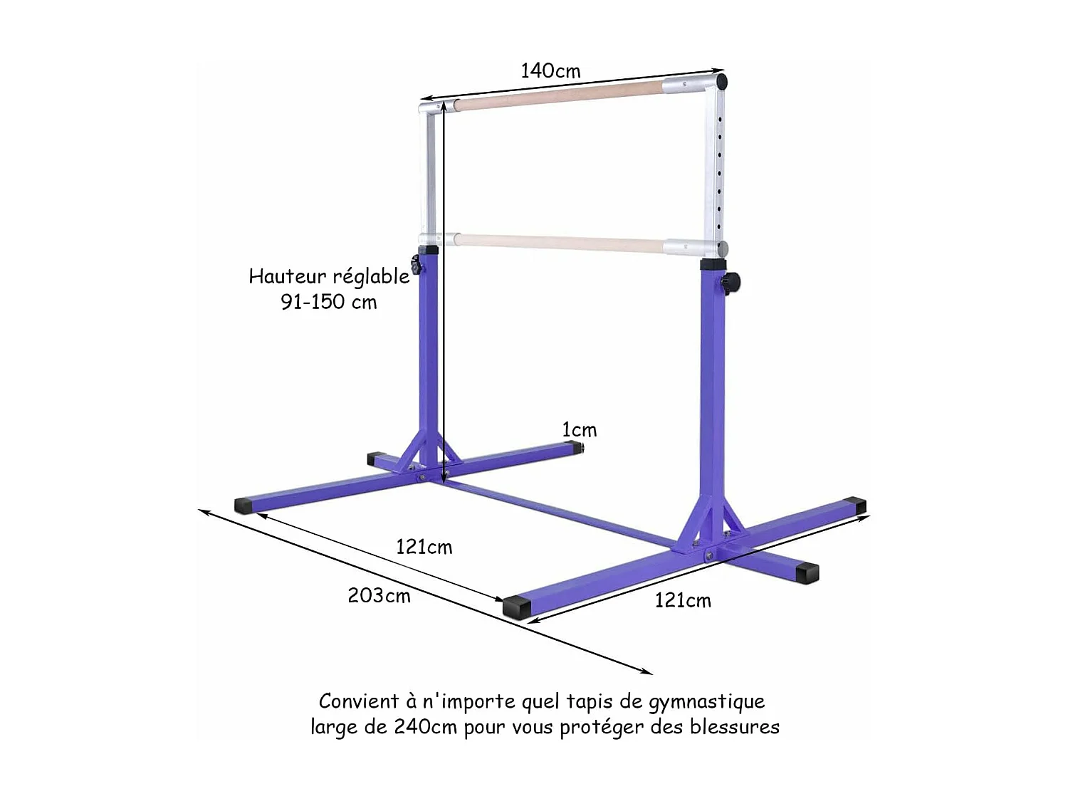 Stalen gymnastiekstang in hoogte verstelbaar van 91 tot 150 cm belasting 100 kg voor school, huis, tuin diameter 4 cm paars