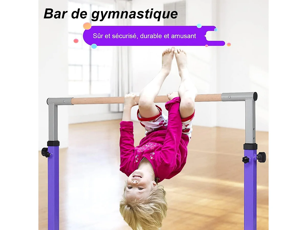 Stalen gymnastiekstang in hoogte verstelbaar van 91 tot 150 cm belasting 100 kg voor school, huis, tuin diameter 4 cm paars