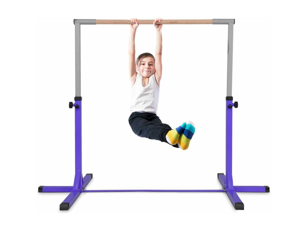 Stalen gymnastiekstang in hoogte verstelbaar van 91 tot 150 cm belasting 100 kg voor school, huis, tuin diameter 4 cm paars