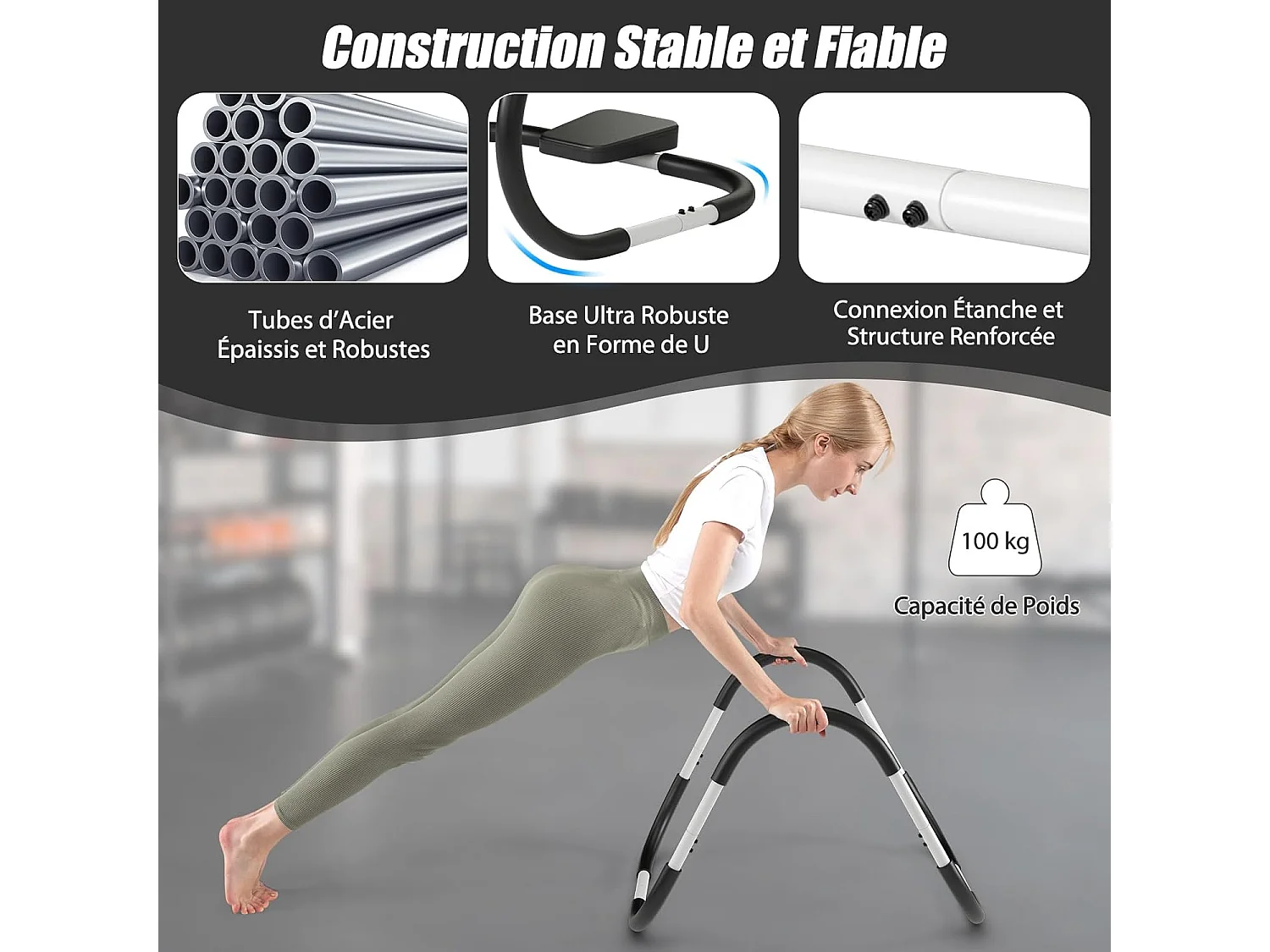AB Trainer Portable avec Appuie-tête Rembourré Ergonomique Charge 100KG, Appareil Abdominaux à Bascule pour Entraînement de Musculation à Domicile, Noir+Blanc