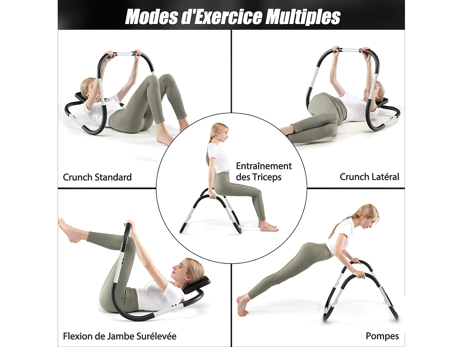 AB Trainer Portable avec Appuie-tête Rembourré Ergonomique Charge 100KG, Appareil Abdominaux à Bascule pour Entraînement de Musculation à Domicile, Noir+Blanc