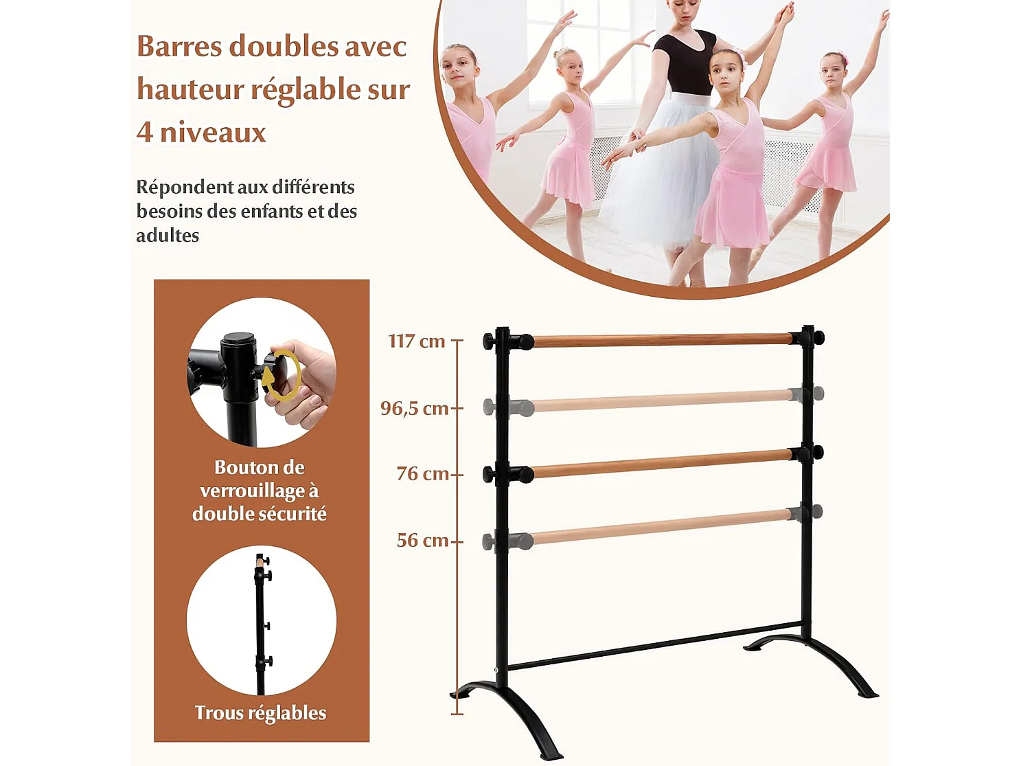 Double Barre de Ballet Portable pour Maison Studios de Danse/Barre de Danse Ballet Portable de Hauteur Réglable pour Etirements Pilates Danse-120 cm