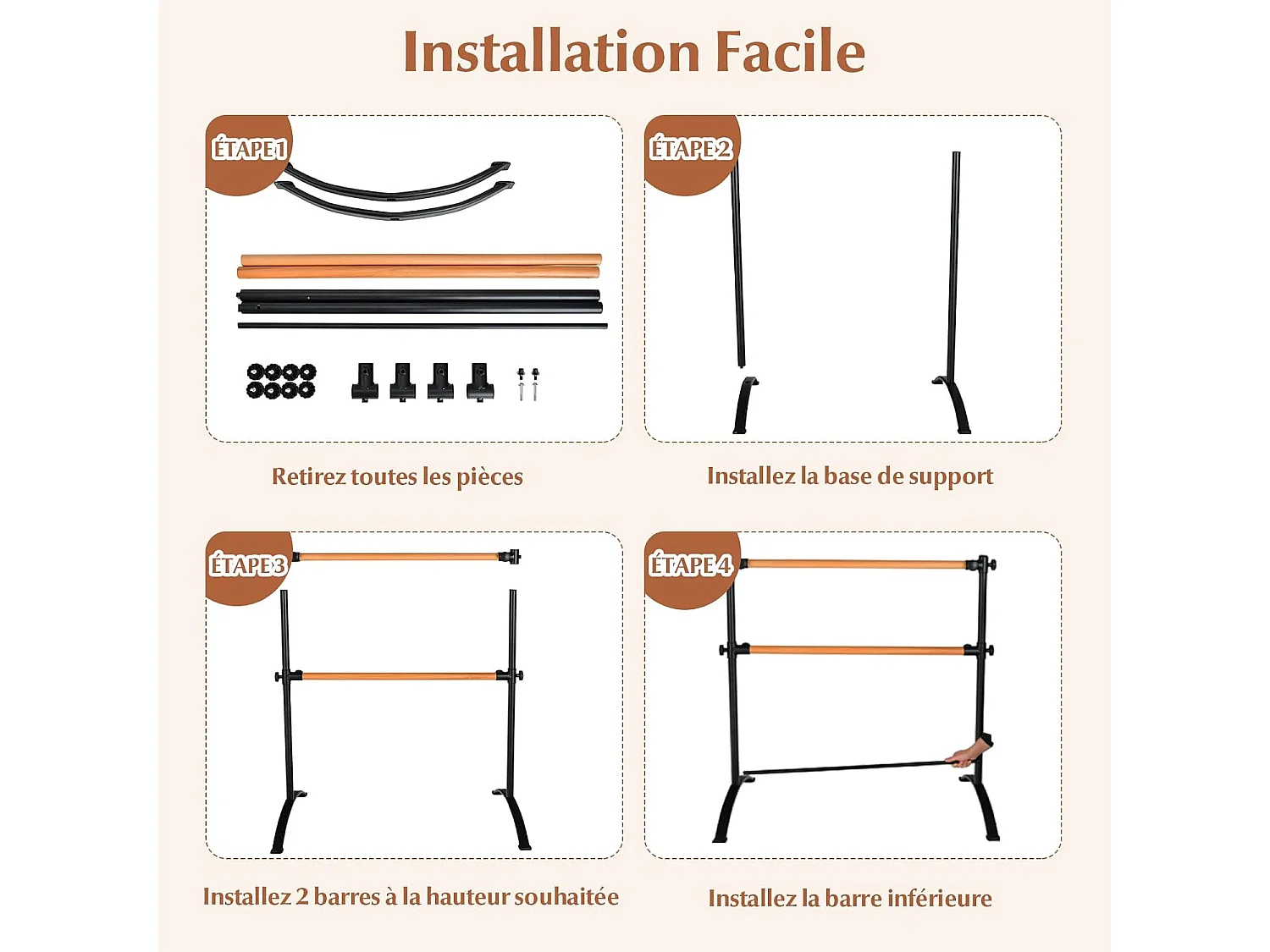 Double Barre de Ballet Portable pour Maison Studios de Danse/Barre de Danse Ballet Portable de Hauteur Réglable pour Etirements Pilates Danse-120 cm