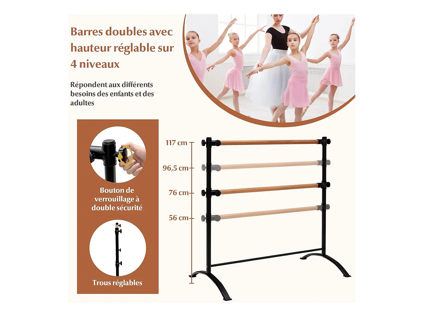 Double Barre de Ballet Portable pour Maison Studios de Danse/Barre de Danse Ballet Portable de Hauteur Réglable pour Etirements Pilates Danse-120 cm