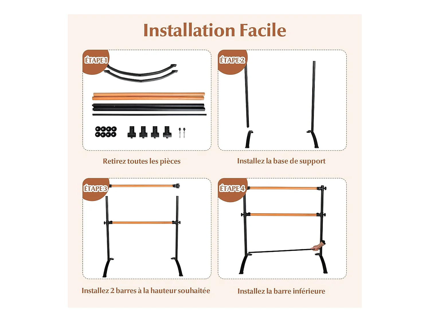 Double Barre de Ballet Portable pour Maison Studios de Danse/Barre de Danse Ballet Portable de Hauteur Réglable pour Etirements Pilates Danse-120 cm