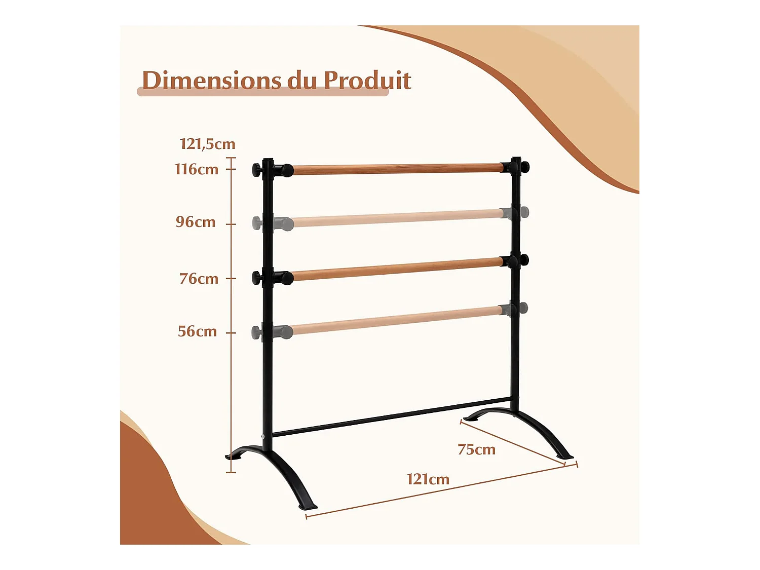 Double Barre de Ballet Portable pour Maison Studios de Danse/Barre de Danse Ballet Portable de Hauteur Réglable pour Etirements Pilates Danse-120 cm