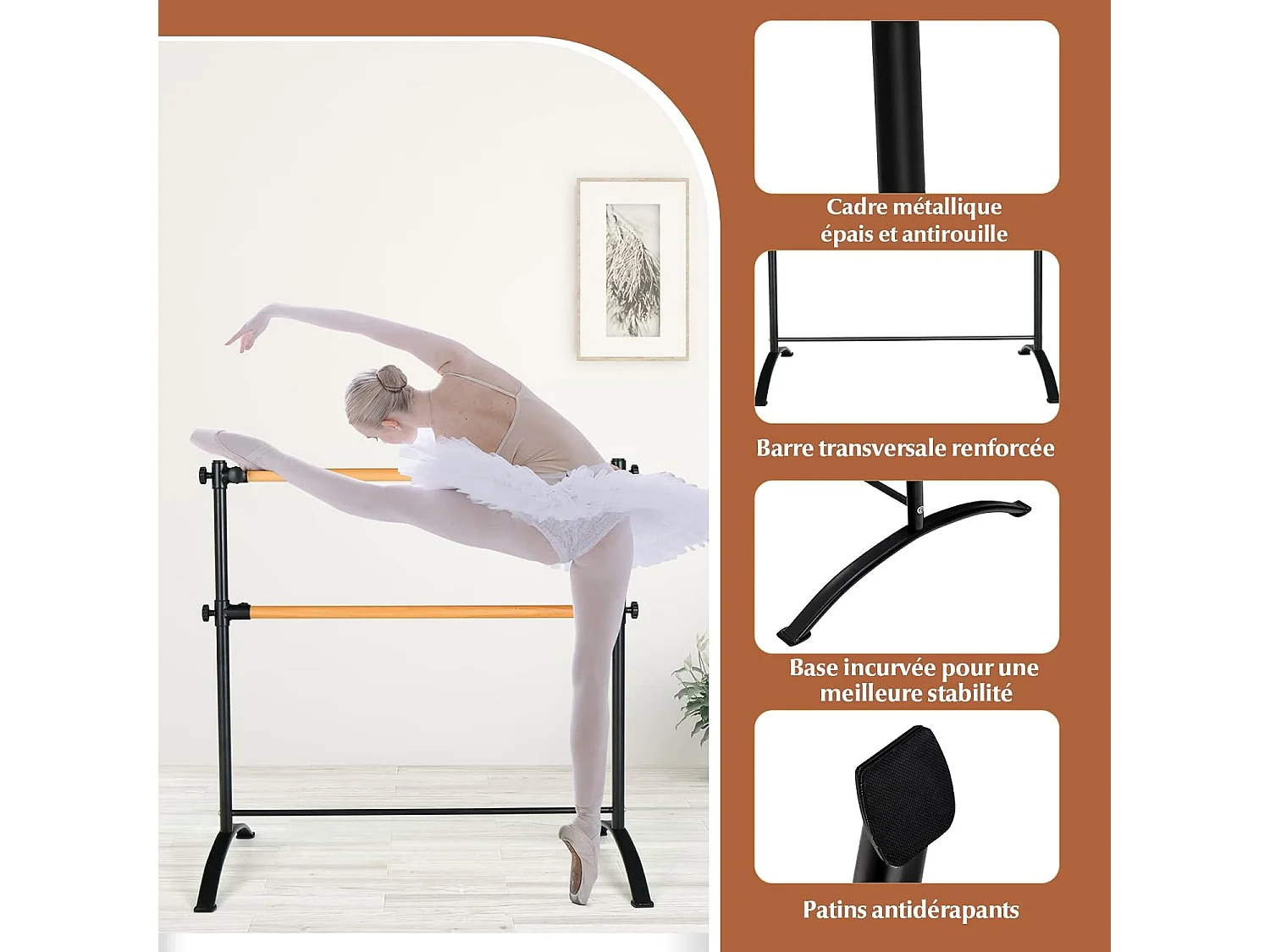 Double Barre de Ballet Portable pour Maison Studios de Danse/Barre de Danse Ballet Portable de Hauteur Réglable pour Etirements Pilates Danse-120 cm