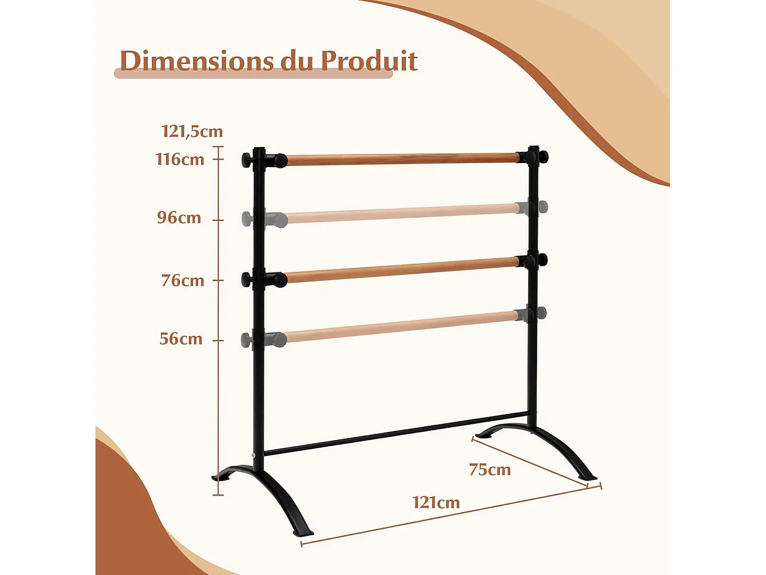 Double Barre de Ballet Portable pour Maison Studios de Danse/Barre de Danse Ballet Portable de Hauteur Réglable pour Etirements Pilates Danse-120 cm