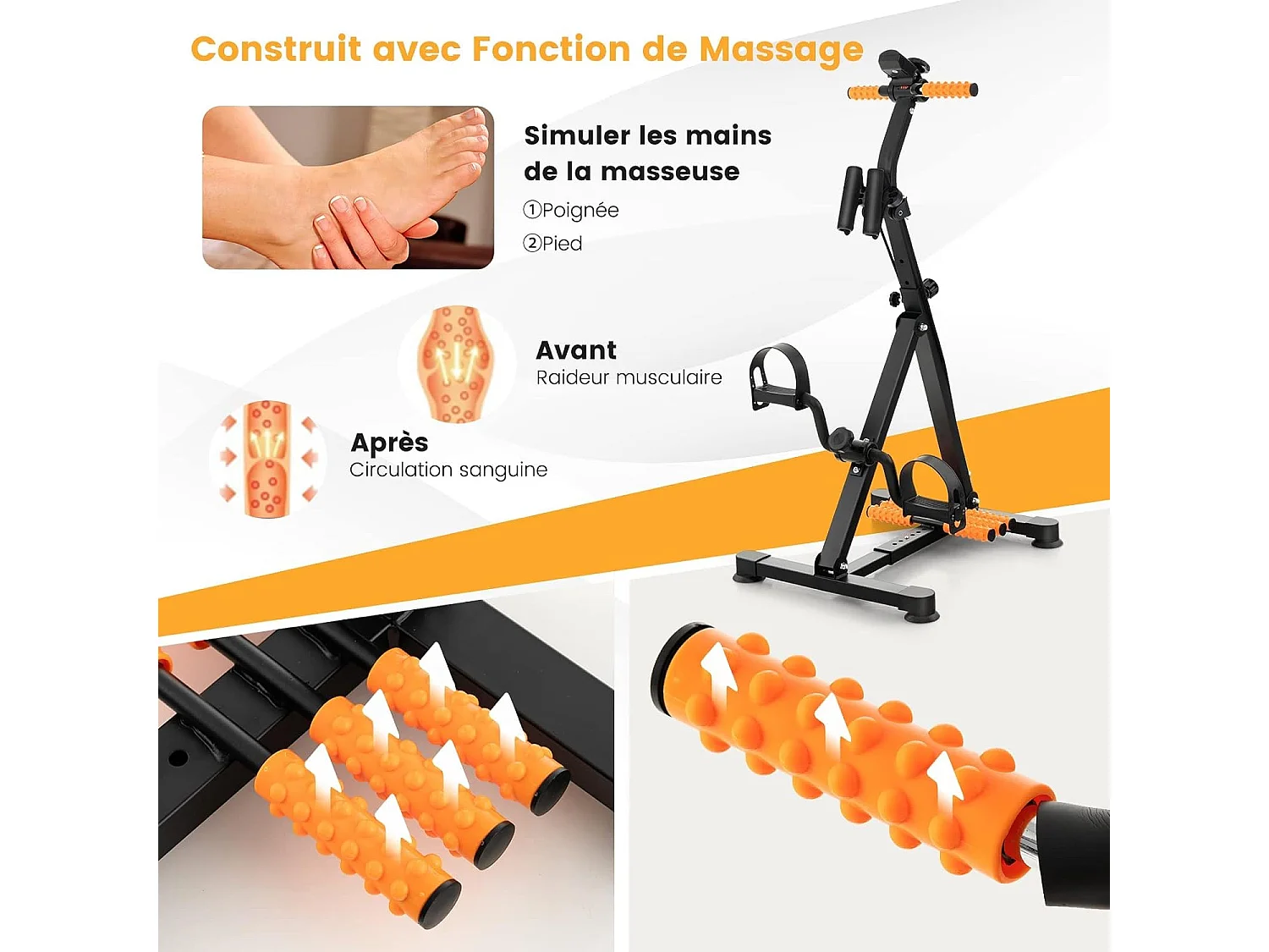 Vélo Pédalier Jambes Hauteur,Longueur Résistance Ajustables Fonction D'étirement avec Rouleaux de Massage,Ecran LCD