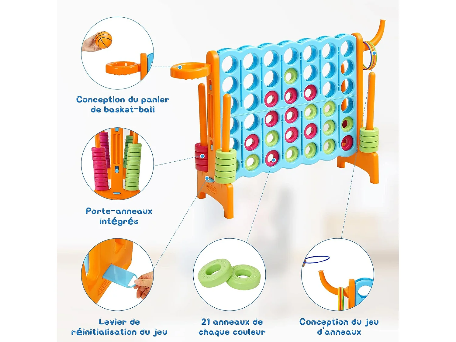Jeux Puissance 4 Géant 3 en 1 avec Panier de Basket-ball 2 Leviers à Dégagement au Côté 42 Anneaux pour Enfants Orange