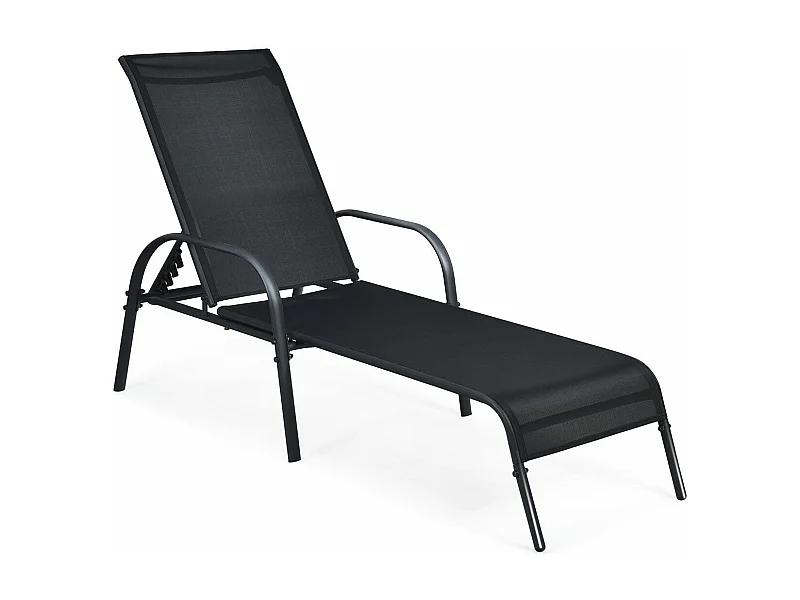 Chaise Longue de Jardin, Bain de Soleil Inclinable avec Dossier Réglable sur 5 Positions Transat de Relation avec Accoudoirs pour Plage, Jardin, Balcon, Piscine